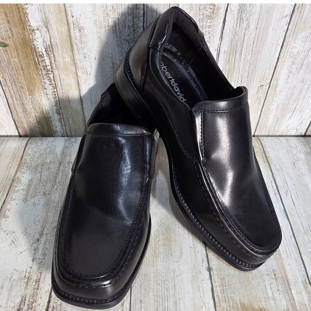 Robert David Boys Black Slip On Dress Shoes Square Toe Loafers Size 2M Formal